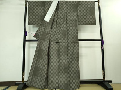 平和屋着物▽極上 本塩沢 単衣 変わり市松 海松茶色地 逸品 DZAA8389kh5