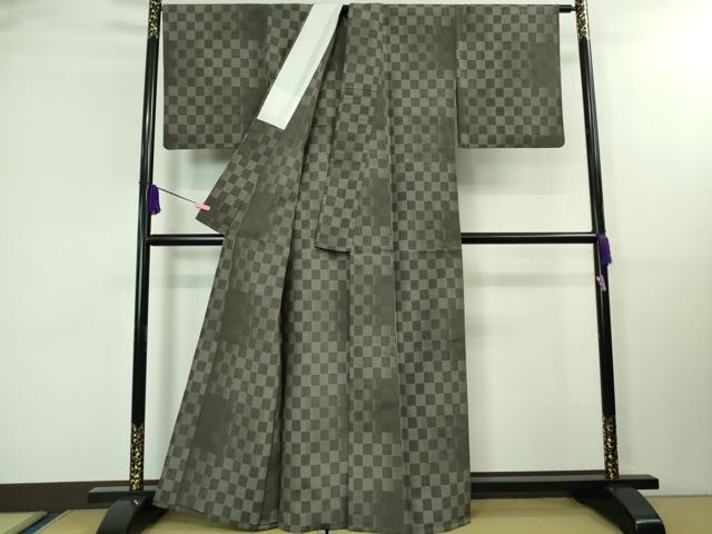 平和屋着物▽極上 本塩沢 単衣 変わり市松 海松茶色地 逸品 DZAA8389kh5