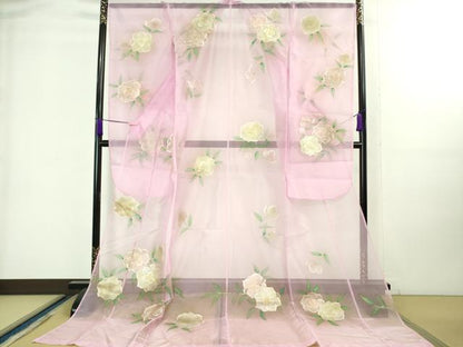 平和屋本店＊極上 夏物 お引きずり・お引き摺り・引き振袖 オーガンジー 舞花文 暈し染め 金銀彩 洗える着物 逸品 DZAA8396kh5