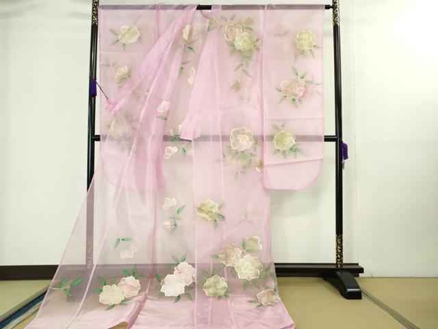 平和屋本店＊極上 夏物 お引きずり・お引き摺り・引き振袖 オーガンジー 舞花文 暈し染め 金銀彩 洗える着物 逸品 DZAA8396kh5
