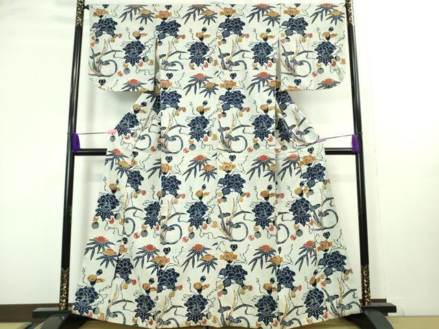 平和屋本店■極上　浦野理一　経節紬　型染　藍　草花文　逸品　DZAA8406kh5