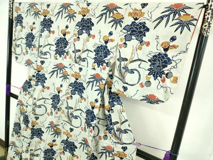 平和屋本店■極上　浦野理一　経節紬　型染　藍　草花文　逸品　DZAA8406kh5