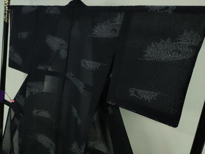 平和屋着物＊極上 夏物 小千谷紬 紗 籬草葉文 濃紺地 逸品 未使用 DZAA8426kh5