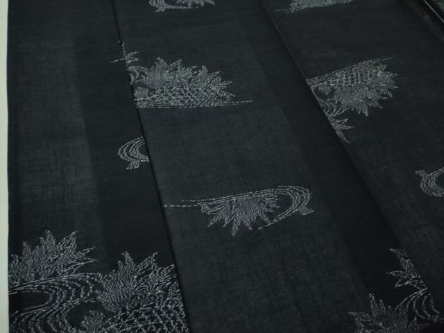 平和屋着物＊極上 夏物 小千谷紬 紗 籬草葉文 濃紺地 逸品 未使用 DZAA8426kh5