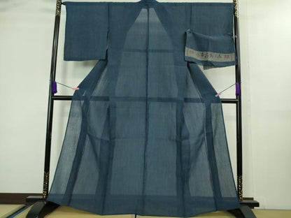 平和屋着物■極上　夏物　本場小千谷ちぢみ　麻　色無地　青藍色　反端付き　逸品　DZAA8430kh5