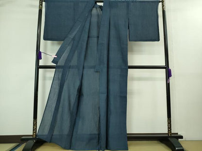 平和屋着物■極上　夏物　本場小千谷ちぢみ　麻　色無地　青藍色　反端付き　逸品　DZAA8430kh5