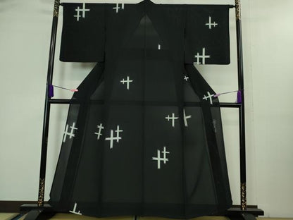 平和屋着物■極上　夏物　世界的人形師　辻村寿三郎　ジュサブロー　小紋　絽縮緬　絣柄　濃紺地　逸品　DZAA8438kh5