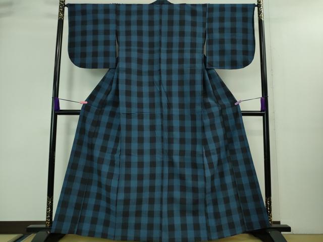 平和屋本店●極上　浦野理一　紬　単衣　格子　薄縹色×濃藍色　逸品　DZAA8442kh5