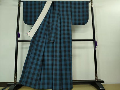 平和屋本店●極上　浦野理一　紬　単衣　格子　薄縹色×濃藍色　逸品　DZAA8442kh5