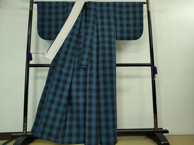平和屋本店●極上　浦野理一　紬　単衣　格子　薄縹色×濃藍色　逸品　DZAA8442kh5