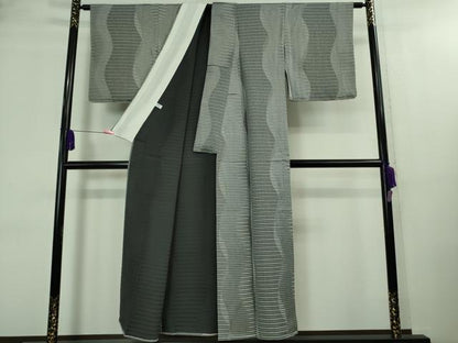 平和屋着物▽極上 お召 単衣 よろけ縞 黒地 逸品 未使用 DZAA8496kh5