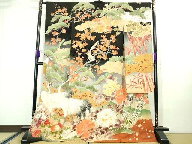 平和屋本店●極上 アンティーク 大正ロマン 振袖 相良刺繍 飛鶴吉祥花文 黒地 暈し染め 金彩 逸品 DZAA8503kh5