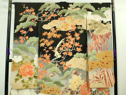 平和屋本店●極上 アンティーク 大正ロマン 振袖 相良刺繍 飛鶴吉祥花文 黒地 暈し染め 金彩 逸品 DZAA8503kh5