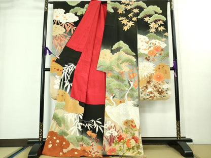 平和屋本店●極上 アンティーク 大正ロマン 振袖 相良刺繍 飛鶴吉祥花文 黒地 暈し染め 金彩 逸品 DZAA8503kh5