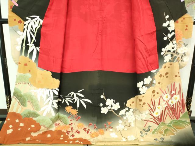 平和屋本店●極上 アンティーク 大正ロマン 振袖 相良刺繍 飛鶴吉祥花文 黒地 暈し染め 金彩 逸品 DZAA8503kh5