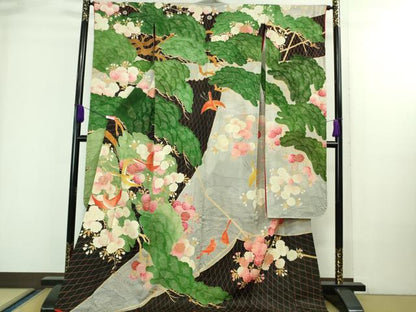 平和屋本店●極上　アンティーク　大正ロマン　振袖　お引きずり・お引き摺り　駒刺繍　飛鶴松桜文　黒地　金彩　逸品　DZAA8506kh5