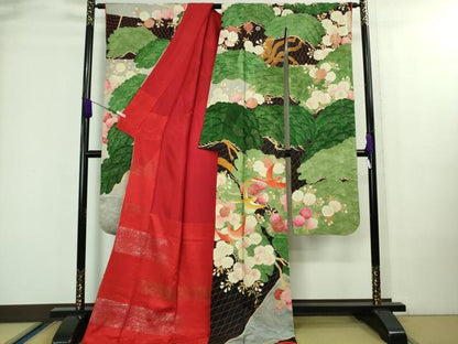 平和屋本店●極上　アンティーク　大正ロマン　振袖　お引きずり・お引き摺り　駒刺繍　飛鶴松桜文　黒地　金彩　逸品　DZAA8506kh5