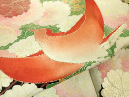 平和屋本店●極上　アンティーク　大正ロマン　振袖　お引きずり・お引き摺り　駒刺繍　飛鶴松桜文　黒地　金彩　逸品　DZAA8506kh5