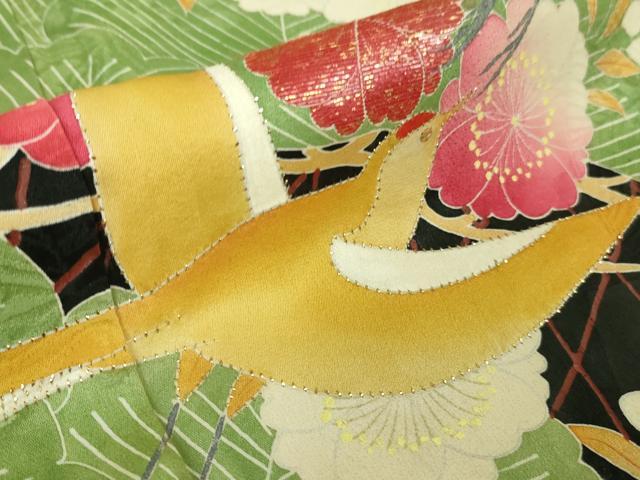 平和屋本店●極上　アンティーク　大正ロマン　振袖　お引きずり・お引き摺り　駒刺繍　飛鶴松桜文　黒地　金彩　逸品　DZAA8506kh5