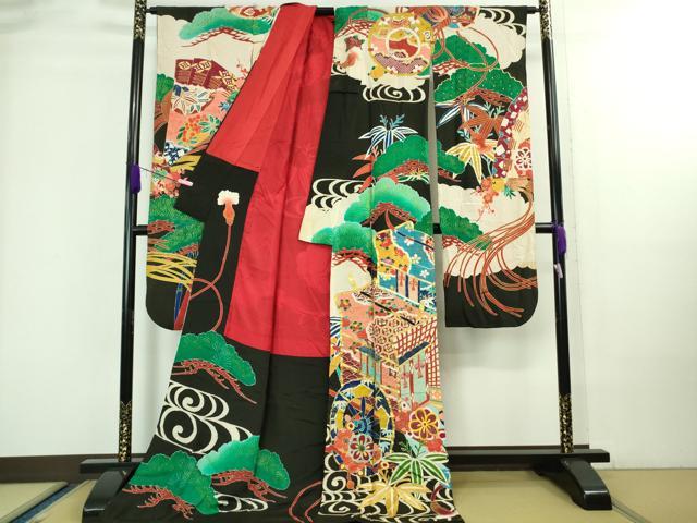 平和屋本店●極上　アンティーク　大正ロマン　振袖　お引きずり・お引き摺り　駒刺繍　御所車檜扇松文　黒地　金彩　逸品　DZAA8510kh5