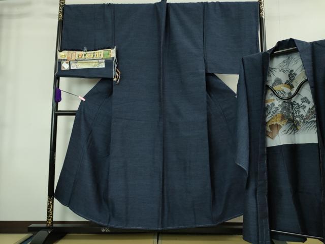 平和屋着物■極上 男性 本場真綿絢結城紬 アンサンブル キングサイズ 長羽織 濃藍鉄色 上代65万 認定証・証紙付き 逸品 未使用 DZAA8540kh5