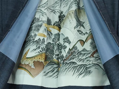 平和屋着物■極上 男性 本場真綿絢結城紬 アンサンブル キングサイズ 長羽織 濃藍鉄色 上代65万 認定証・証紙付き 逸品 未使用 DZAA8540kh5