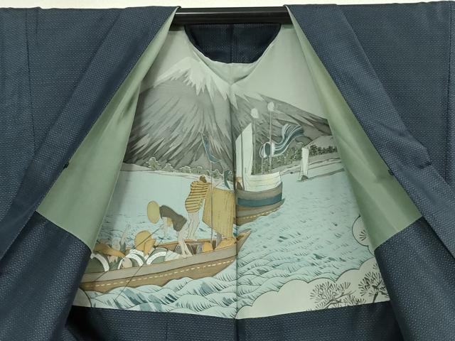 平和屋着物●極上　男性　お召　アンサンブル　亀甲柄　濃藍色地　逸品　DZAA8543kh5