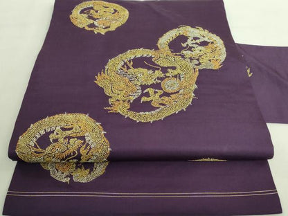 平和屋着物●極上 アンティーク 大正ロマン 九寸名古屋帯 相良刺繍 総刺繍 龍 桑の実色地 金銀糸 逸品 DZAA8554kh5