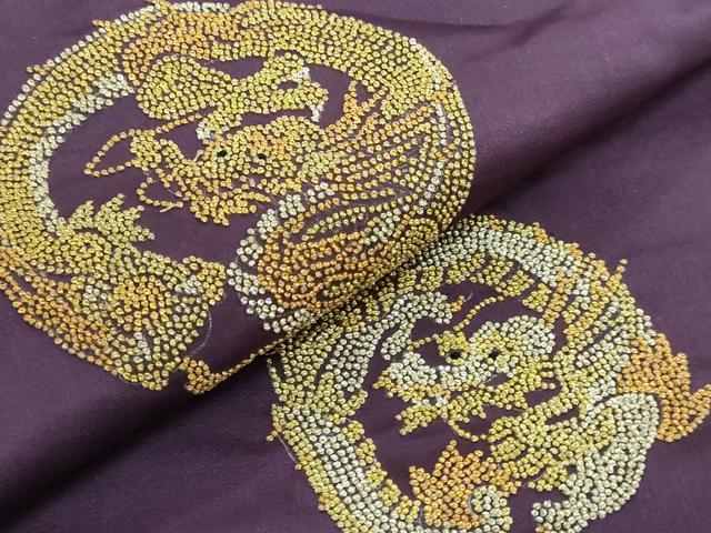 平和屋着物●極上 アンティーク 大正ロマン 九寸名古屋帯 相良刺繍 総刺繍 龍 桑の実色地 金銀糸 逸品 DZAA8554kh5