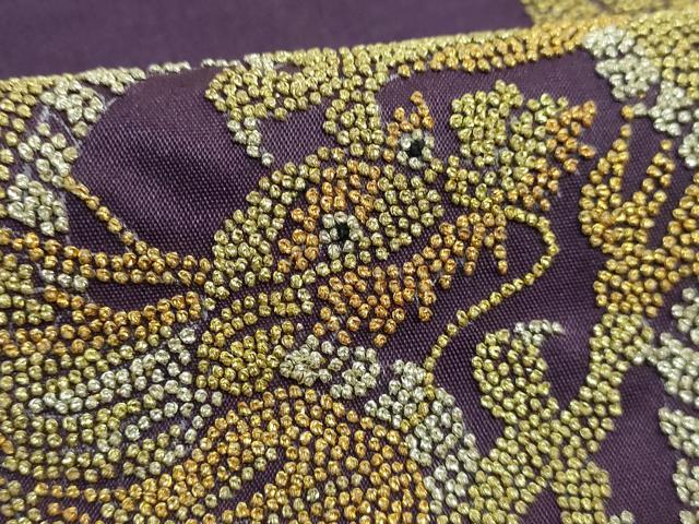 平和屋着物●極上 アンティーク 大正ロマン 九寸名古屋帯 相良刺繍 総刺繍 龍 桑の実色地 金銀糸 逸品 DZAA8554kh5