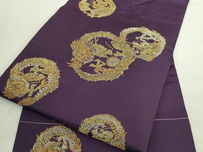 平和屋着物●極上 アンティーク 大正ロマン 九寸名古屋帯 相良刺繍 総刺繍 龍 桑の実色地 金銀糸 逸品 DZAA8554kh5