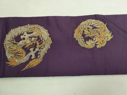 平和屋着物●極上 アンティーク 大正ロマン 九寸名古屋帯 相良刺繍 総刺繍 龍 桑の実色地 金銀糸 逸品 DZAA8554kh5