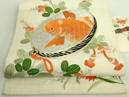 平和屋本店＊極上 夏物 アンティーク 大正ロマン 九寸名古屋帯 総手刺繍 鯉 逸品 DZAA8556kh5