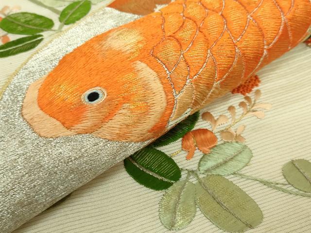 平和屋本店＊極上 夏物 アンティーク 大正ロマン 九寸名古屋帯 総手刺繍 鯉 逸品 DZAA8556kh5