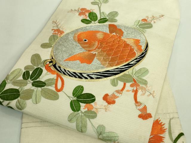 平和屋本店＊極上 夏物 アンティーク 大正ロマン 九寸名古屋帯 総手刺繍 鯉 逸品 DZAA8556kh5