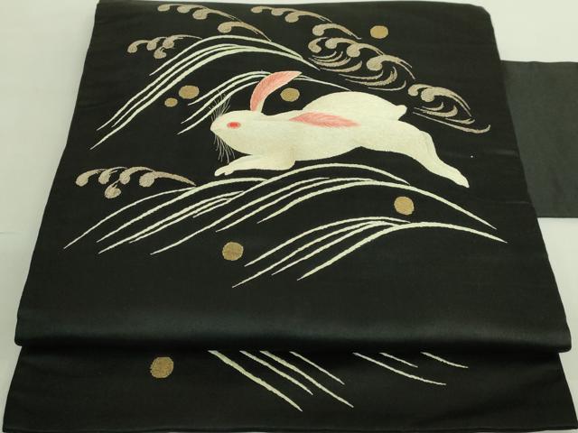 平和屋本店■極上　アンティーク　大正ロマン　九寸名古屋帯　総手刺繍　立波に兎　黒地　金糸　逸品　DZAA8558kh5