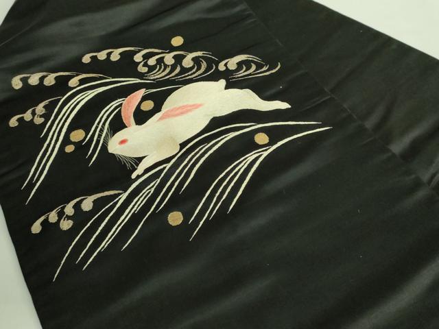平和屋本店■極上　アンティーク　大正ロマン　九寸名古屋帯　総手刺繍　立波に兎　黒地　金糸　逸品　DZAA8558kh5