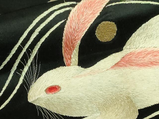 平和屋本店■極上　アンティーク　大正ロマン　九寸名古屋帯　総手刺繍　立波に兎　黒地　金糸　逸品　DZAA8558kh5