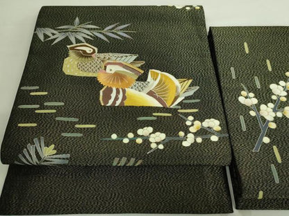 平和屋着物●極上 人間国宝・羽田登喜男 つけ帯 刺繍 鴛鴦花文 黒地 金銀糸 逸品 DZAA8563kh5