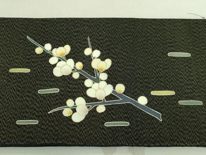 平和屋着物●極上 人間国宝・羽田登喜男 つけ帯 刺繍 鴛鴦花文 黒地 金銀糸 逸品 DZAA8563kh5
