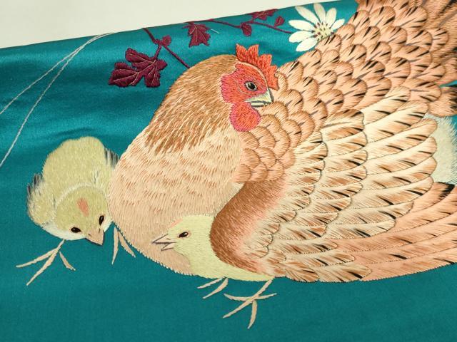 平和屋着物●極上 アンティーク 大正ロマン つけ帯 総手刺繍 鶏 ニワトリ ヒヨコ 逸品 DZAA8564kh5