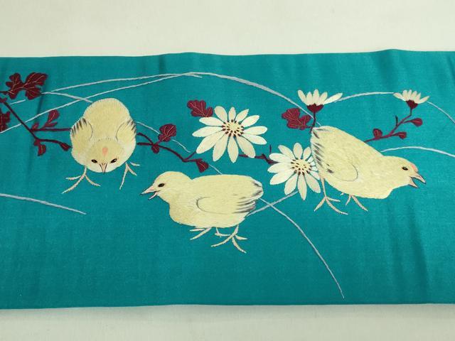 平和屋着物●極上 アンティーク 大正ロマン つけ帯 総手刺繍 鶏 ニワトリ ヒヨコ 逸品 DZAA8564kh5