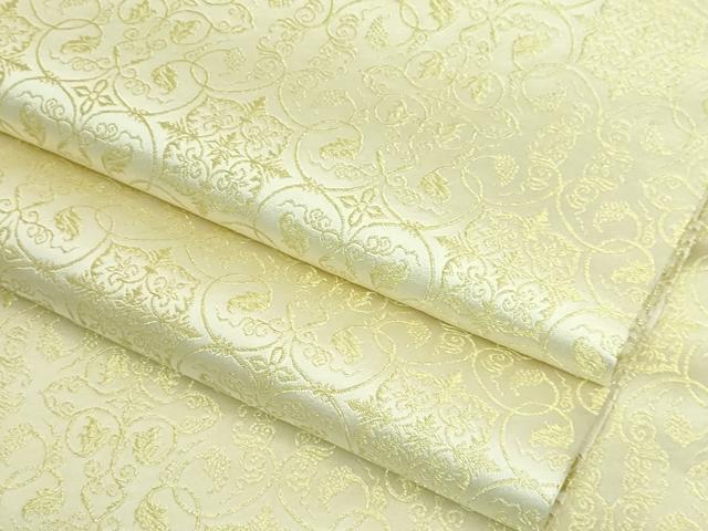 平和屋着物●極上 龍村美術織物 九寸開き名古屋帯 葡萄唐草文錦 白中金 たとう紙付き 逸品 未使用 DZAA8582kh5
