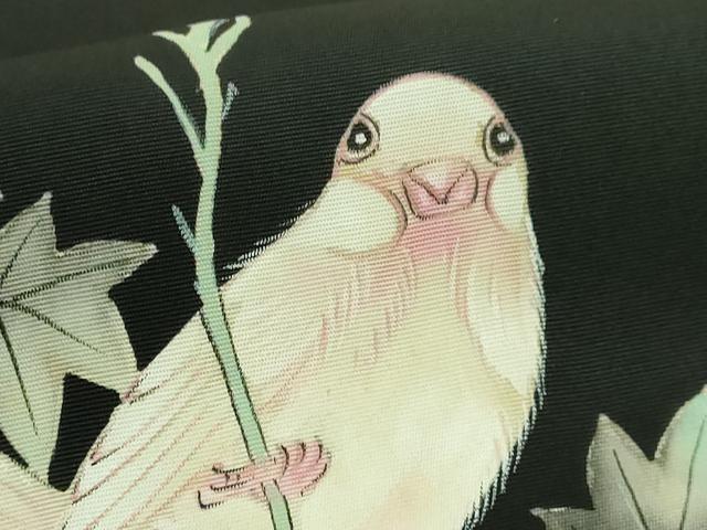 平和屋着物●極上 アンティーク 大正ロマン 塩瀬 九寸名古屋帯 手描き 枝花に小鳥 黒地 逸品 DZAA8588kh5