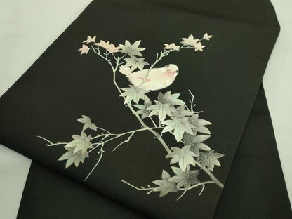 平和屋着物●極上 アンティーク 大正ロマン 塩瀬 九寸名古屋帯 手描き 枝花に小鳥 黒地 逸品 DZAA8588kh5