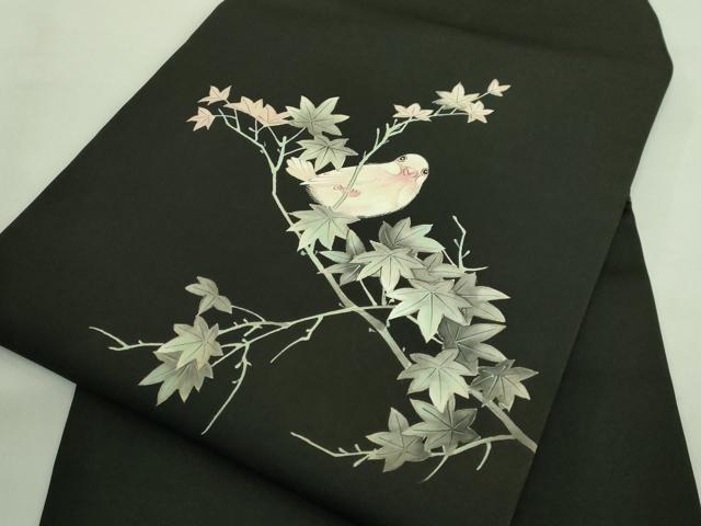 平和屋着物●極上 アンティーク 大正ロマン 塩瀬 九寸名古屋帯 手描き 枝花に小鳥 黒地 逸品 DZAA8588kh5