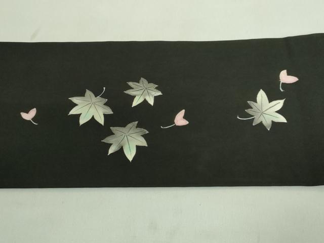 平和屋着物●極上 アンティーク 大正ロマン 塩瀬 九寸名古屋帯 手描き 枝花に小鳥 黒地 逸品 DZAA8588kh5