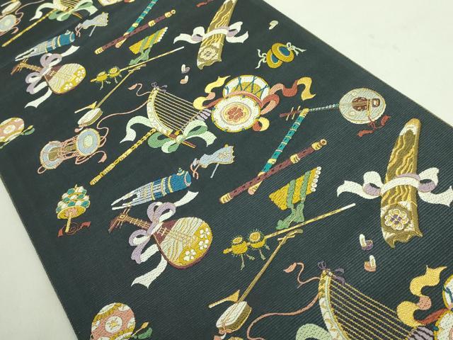 平和屋着物●極上 西陣の老舗 1782年創業 山下織物 六通柄袋帯 唐織 楽器文 羊羹色地 金糸 逸品 DZAA8598kh5
