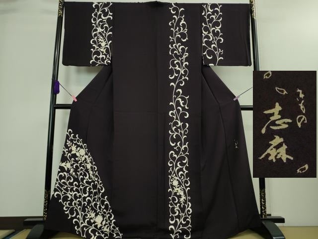 平和屋本店■極上　きもの志麻　岩下志麻ブランド　訪問着　花唐草文　紫黒色地　金彩　逸品　DZAA8654kh5