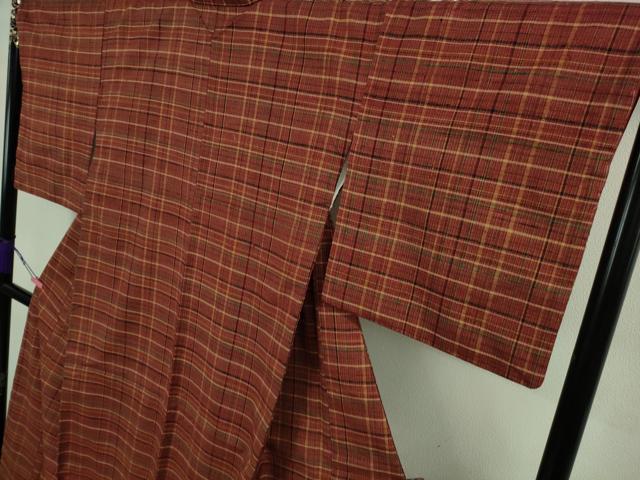 平和屋本店■極上　郡上紬　草木染　格子　反端付き　逸品　未使用　DZAA8676kh5
